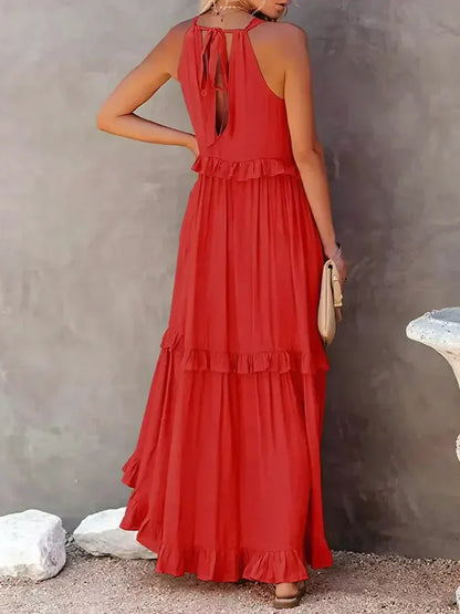 Women’s Maxi Dress – Lightweight Cotton – Halter Neck – Ruffle Tiered – Flowy Fit