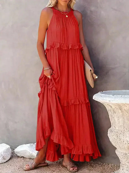 Women’s Maxi Dress – Lightweight Cotton – Halter Neck – Ruffle Tiered – Flowy Fit