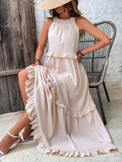 Women’s Maxi Dress – Lightweight Cotton – Halter Neck – Ruffle Tiered – Flowy Fit