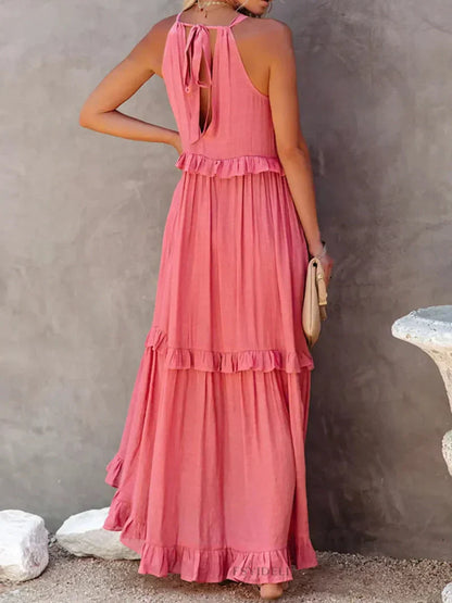 Women’s Maxi Dress – Lightweight Cotton – Halter Neck – Ruffle Tiered – Flowy Fit