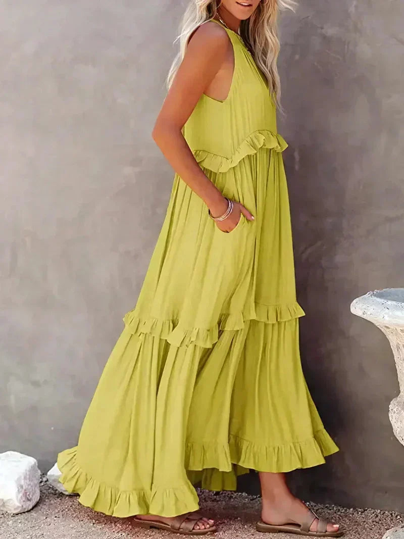 Women’s Maxi Dress – Lightweight Cotton – Halter Neck – Ruffle Tiered – Flowy Fit