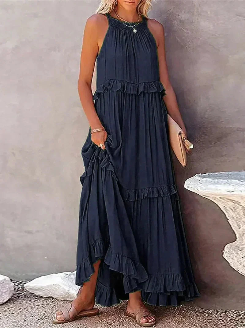 Women’s Maxi Dress – Lightweight Cotton – Halter Neck – Ruffle Tiered – Flowy Fit