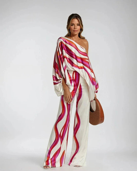 Women’s Blouse and Pants Set – Relaxed Fit – One-Shoulder Top – Wide-Leg Trousers