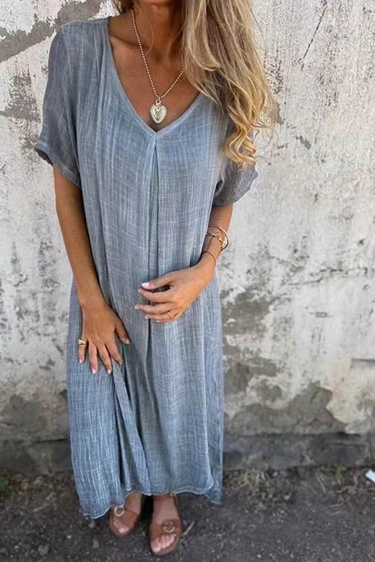 Women's Maxi Dress - Lightweight Cotton - V-Neck - Short Sleeve - Relaxed Fit