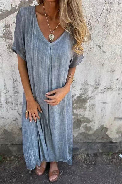 Women's Maxi Dress - Lightweight Cotton - V-Neck - Short Sleeve - Relaxed Fit