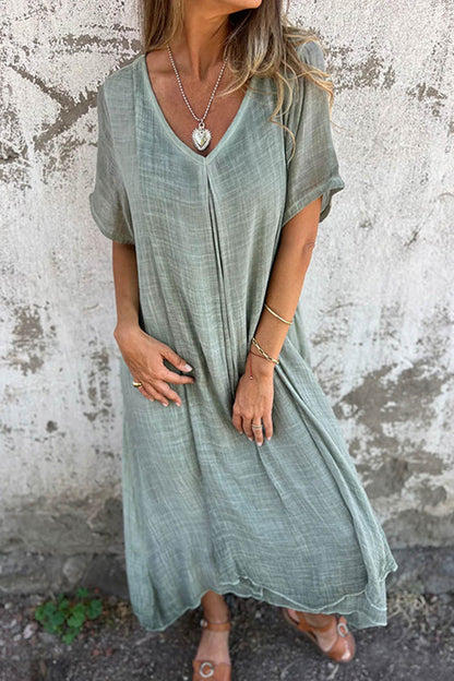 Women's Maxi Dress - Lightweight Cotton - V-Neck - Short Sleeve - Relaxed Fit