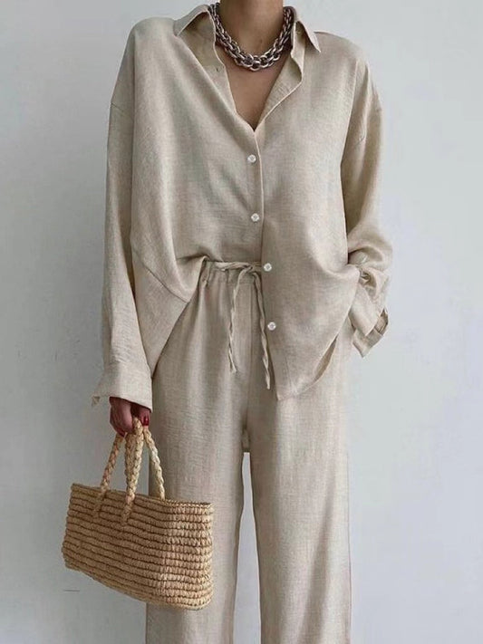 Women’s Two-Piece Set – Relaxed Fit – Button-Down Top – Wide-Leg Drawstring Pants