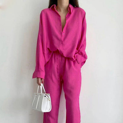 Women’s Two-Piece Set – Relaxed Fit – Button-Down Top – Wide-Leg Drawstring Pants