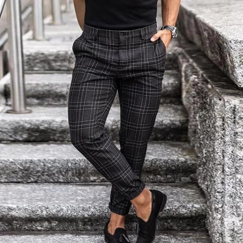 Men’s Chino Pants – Slim Fit – Tapered Leg – Cotton Blend – Checked Pattern