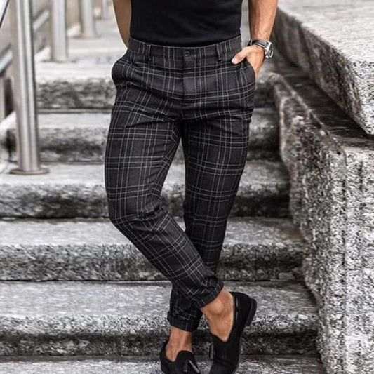 Men’s Chino Pants – Slim Fit – Tapered Leg – Cotton Blend – Checked Pattern
