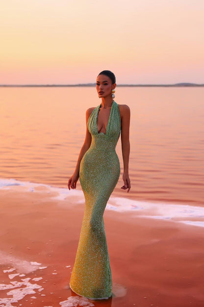 Women’s Evening Gown – Slim Fit – Halter Neck – Backless – Embellished Floor-Length