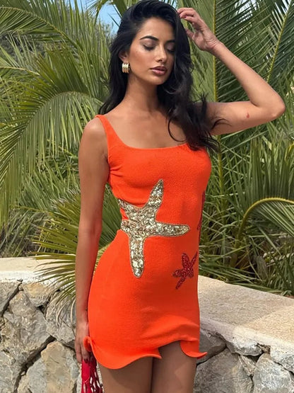 Women’s Mini Dress – Slim Fit – Satin Feel – Scoop Neck – Embellished – Wavy Hem