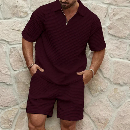 Men’s Leisure Set – Relaxed Fit – Breathable Blend – Textured Fabric – Zip Collar