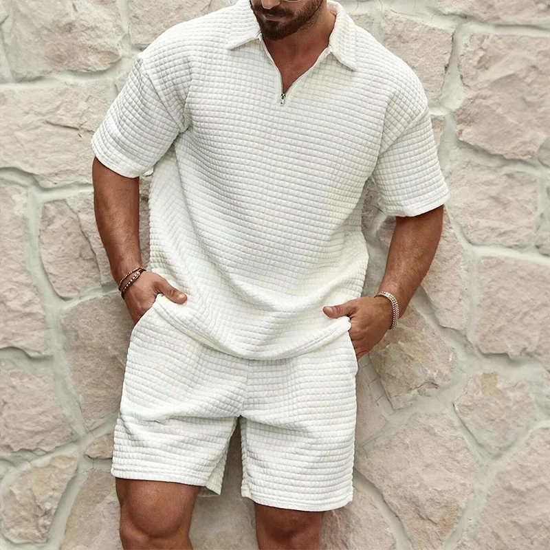 Men’s Leisure Set – Relaxed Fit – Breathable Blend – Textured Fabric – Zip Collar