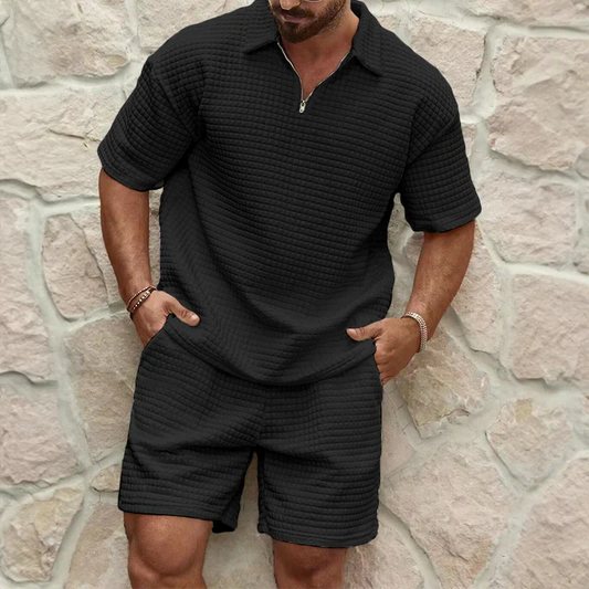 Men’s Leisure Set – Relaxed Fit – Breathable Blend – Textured Fabric – Zip Collar
