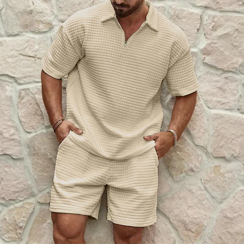 Men’s Leisure Set – Relaxed Fit – Breathable Blend – Textured Fabric – Zip Collar