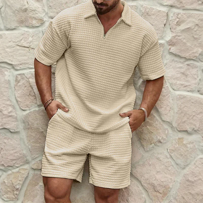 Men’s Leisure Set – Relaxed Fit – Breathable Blend – Textured Fabric – Zip Collar