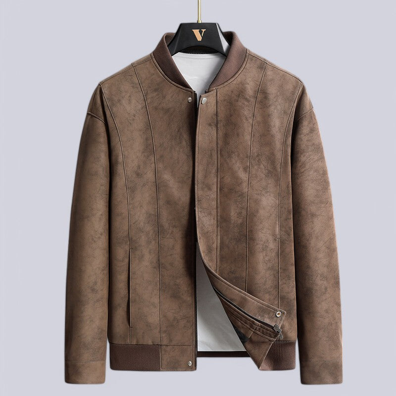 Men’s Leather Jacket – Structured Fit – Zip Front – Ribbed Trim – Seam Detail