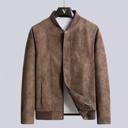 Men’s Leather Jacket – Structured Fit – Zip Front – Ribbed Trim – Seam Detail