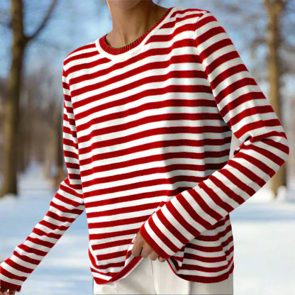 Women’s Long Sleeve T-Shirt – Relaxed Fit – Cotton – Horizontal Stripes