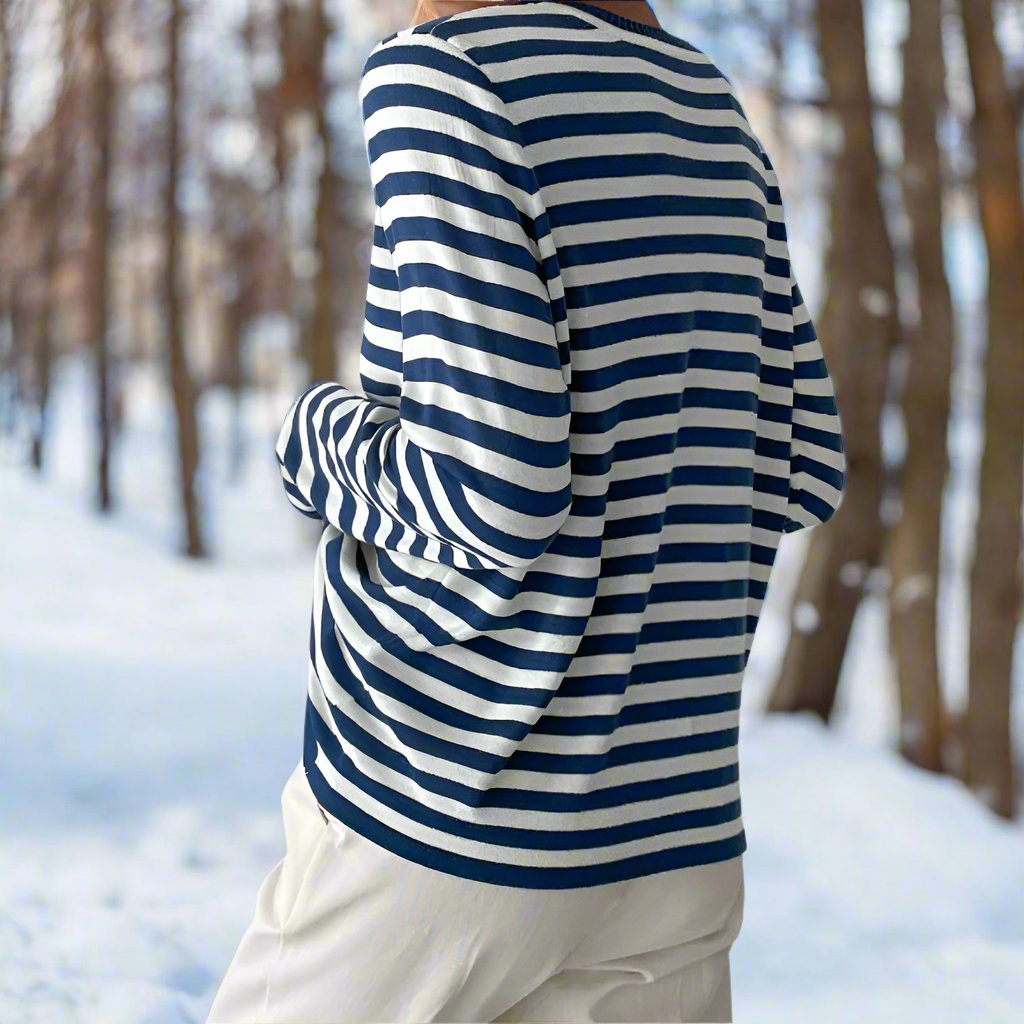Women’s Long Sleeve T-Shirt – Relaxed Fit – Cotton – Horizontal Stripes