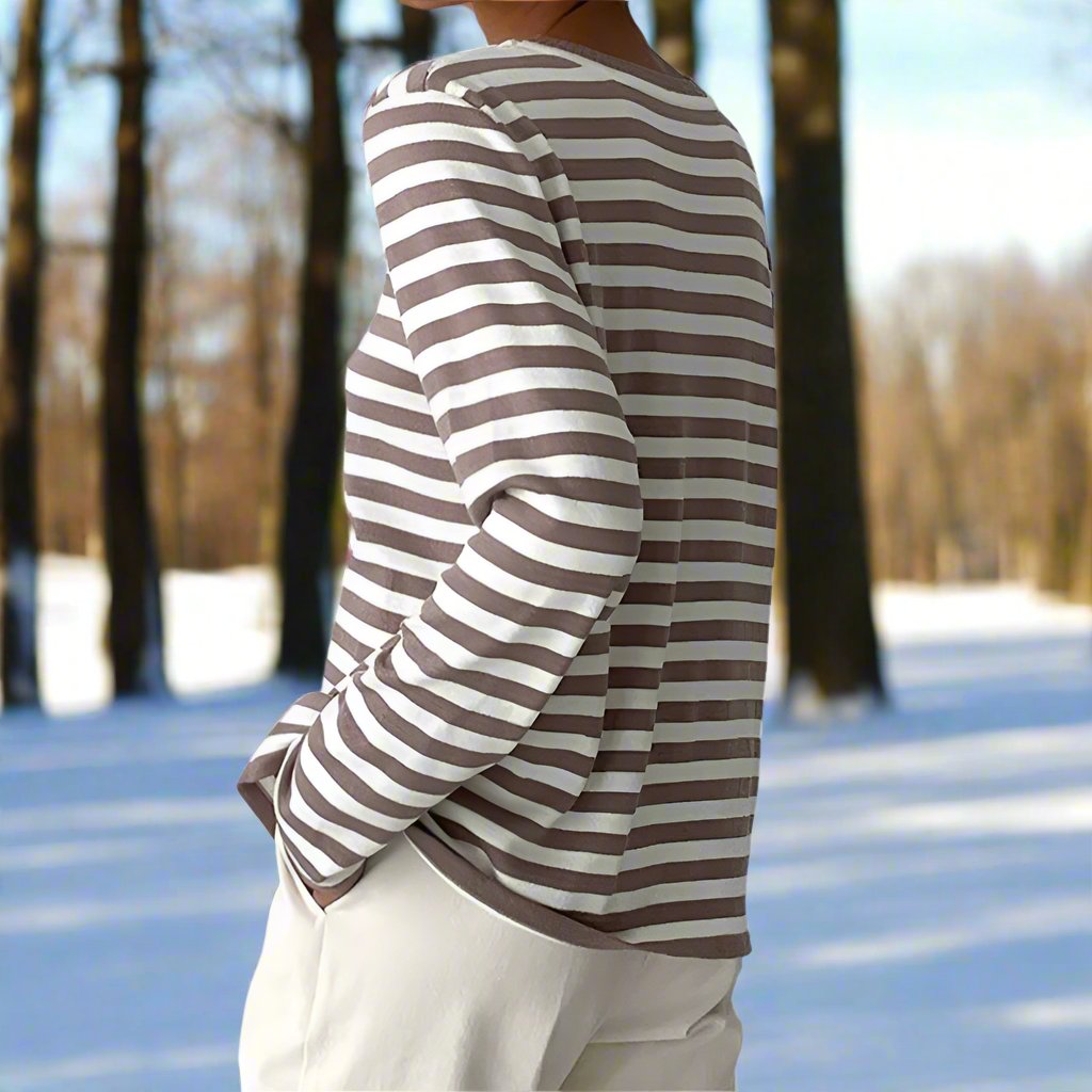 Women’s Long Sleeve T-Shirt – Relaxed Fit – Cotton – Horizontal Stripes