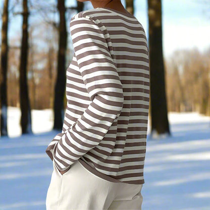 Women’s Long Sleeve T-Shirt – Relaxed Fit – Cotton – Horizontal Stripes