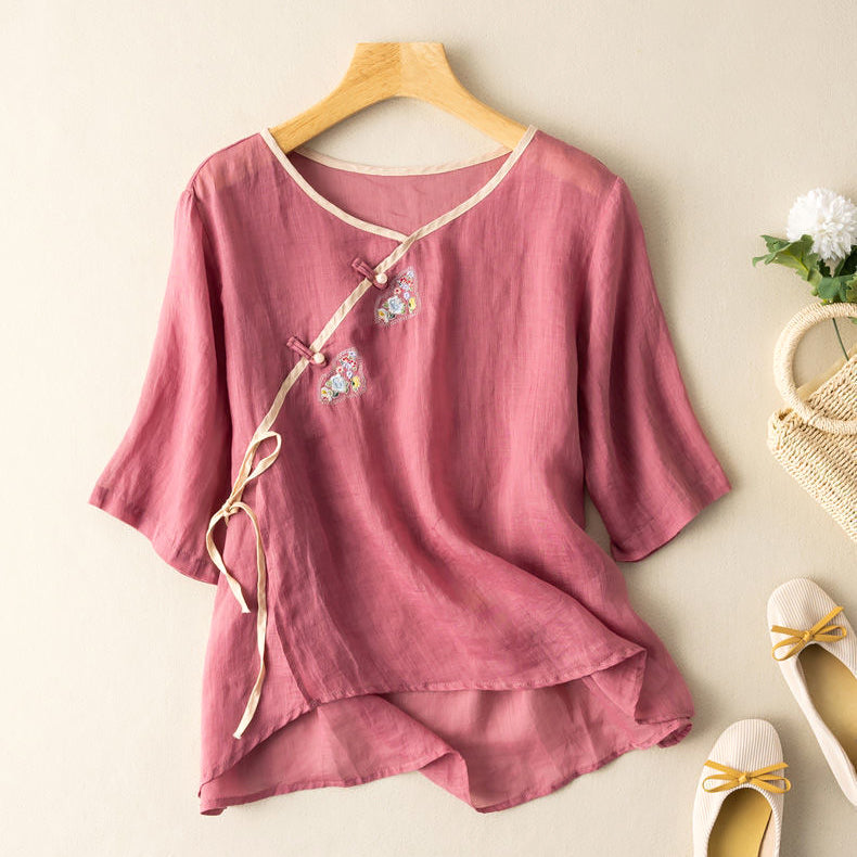 Women’s Blouse – Loose Fit – Short Sleeve – Embroidered Front Tie – Breathable Blend