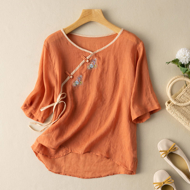 Women’s Blouse – Loose Fit – Short Sleeve – Embroidered Front Tie – Breathable Blend