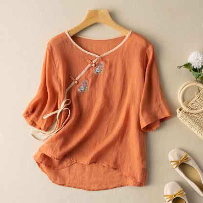 Women’s Blouse – Loose Fit – Short Sleeve – Embroidered Front Tie – Breathable Blend