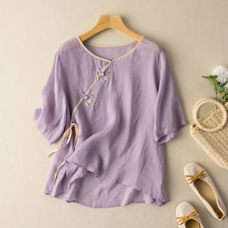 Women’s Blouse – Loose Fit – Short Sleeve – Embroidered Front Tie – Breathable Blend