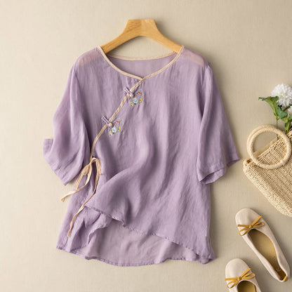 Women’s Blouse – Loose Fit – Short Sleeve – Embroidered Front Tie – Breathable Blend