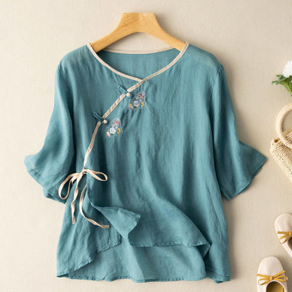 Women’s Blouse – Loose Fit – Short Sleeve – Embroidered Front Tie – Breathable Blend