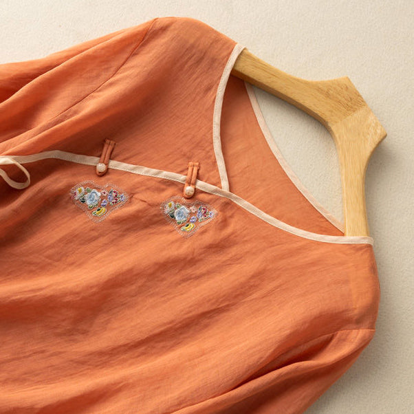 Women’s Blouse – Loose Fit – Short Sleeve – Embroidered Front Tie – Breathable Blend