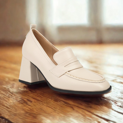 Women’s Loafer Shoes – Structured Fit – Square Toe – Mid Block Heel – Slip-On Style