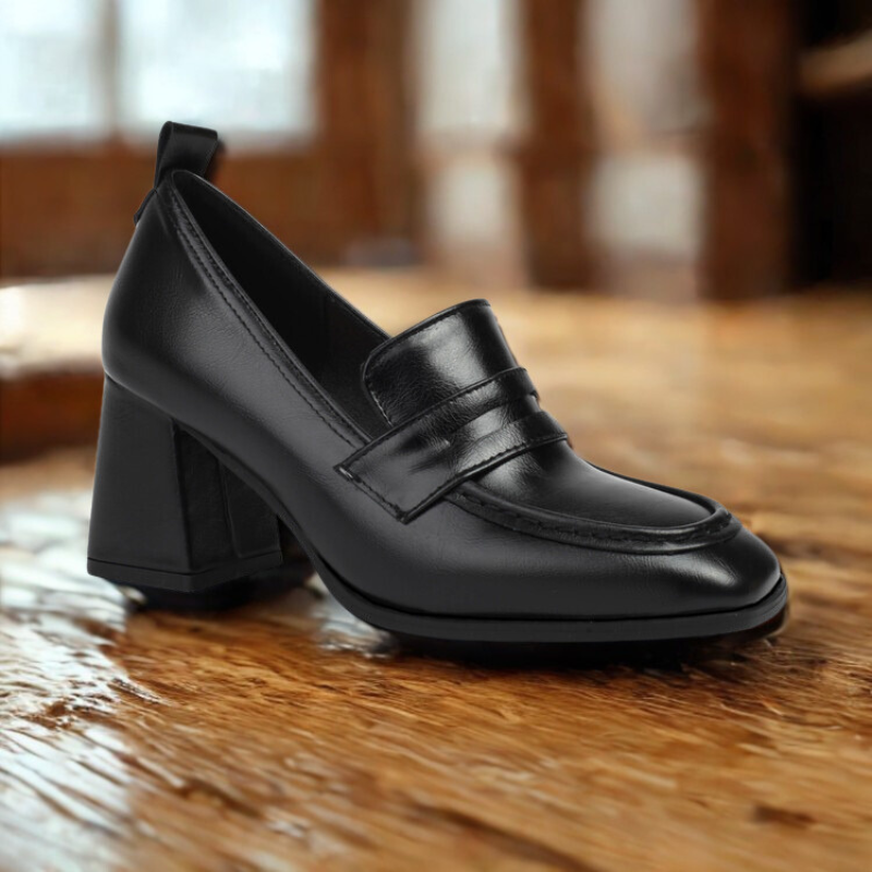 Women’s Loafer Shoes – Structured Fit – Square Toe – Mid Block Heel – Slip-On Style