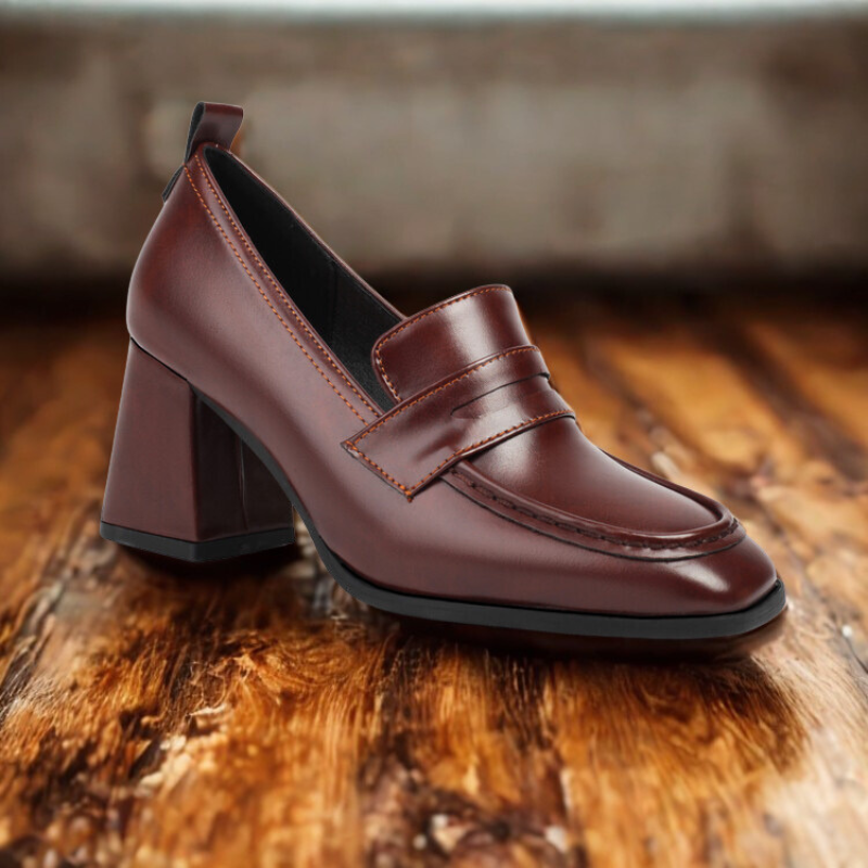 Women’s Loafer Shoes – Structured Fit – Square Toe – Mid Block Heel – Slip-On Style