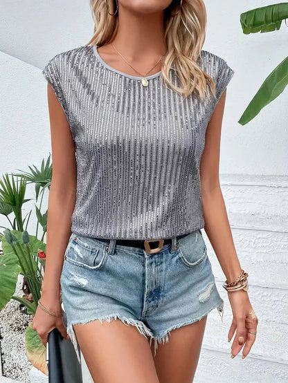 Women’s Blouse – Luxury Fabric – Sequin Embellished – Relaxed Fit – Cap Sleeve