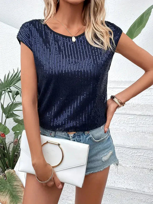Women’s Blouse – Luxury Fabric – Sequin Embellished – Relaxed Fit – Cap Sleeve