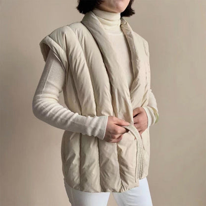 Sienna Quilted Wrap Shawl Collar Belted Puffer Vest | Ribbed Trim Vest
