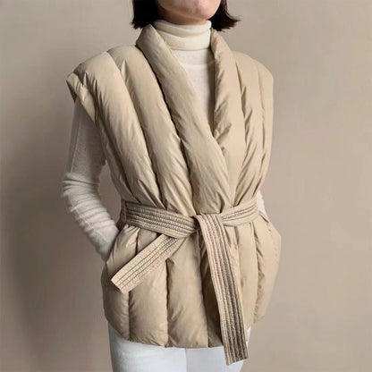 Sienna Quilted Wrap Shawl Collar Belted Puffer Vest | Ribbed Trim Vest