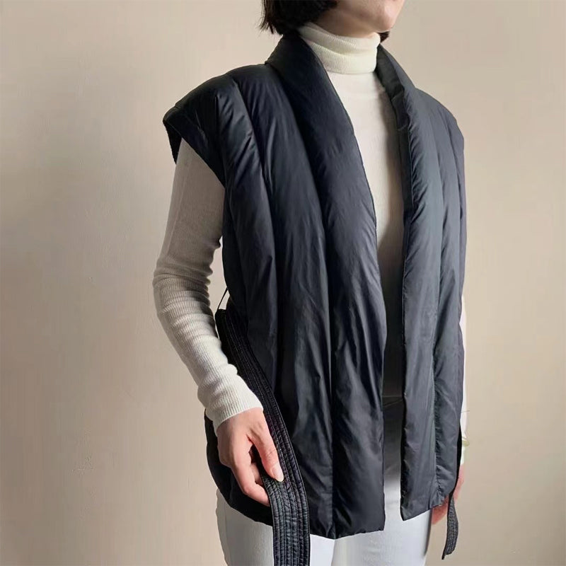 Sienna Quilted Wrap Shawl Collar Belted Puffer Vest | Ribbed Trim Vest