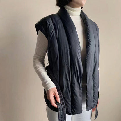 Sienna Quilted Wrap Shawl Collar Belted Puffer Vest | Ribbed Trim Vest
