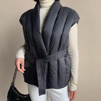 Sienna Quilted Wrap Shawl Collar Belted Puffer Vest | Ribbed Trim Vest