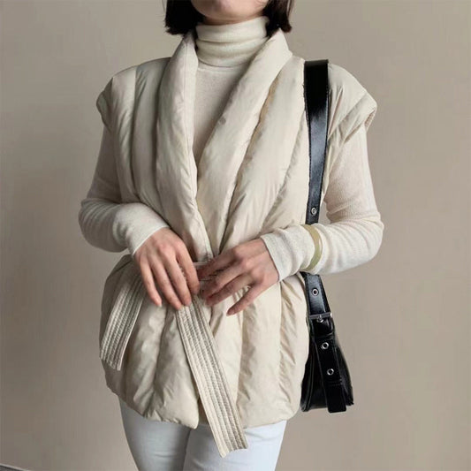 Sienna Quilted Wrap Shawl Collar Belted Puffer Vest | Ribbed Trim Vest