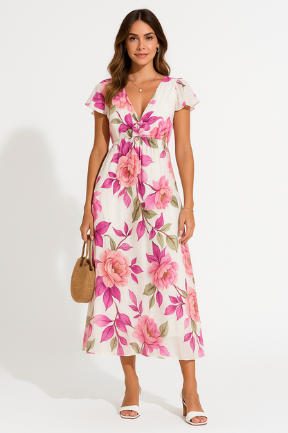 Women’s Midi Dress – Lightweight Chiffon – V-Neck – Ruffled Sleeves – Floral Print