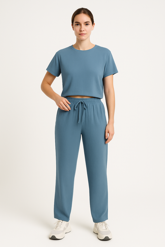 Women’s Lounge Set – Soft Knit – Cropped Top – Wide-Leg Pants – Relaxed Fit