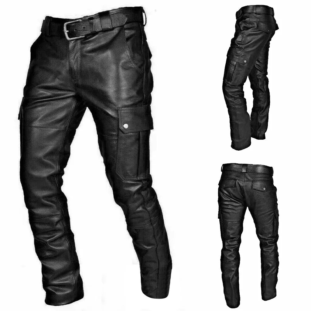 Men’s Biker Pants – Faux Leather – Tapered Fit – Cargo Pockets – Full Length