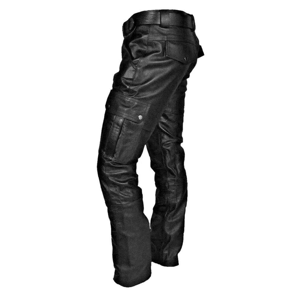 Men’s Biker Pants – Faux Leather – Tapered Fit – Cargo Pockets – Full Length