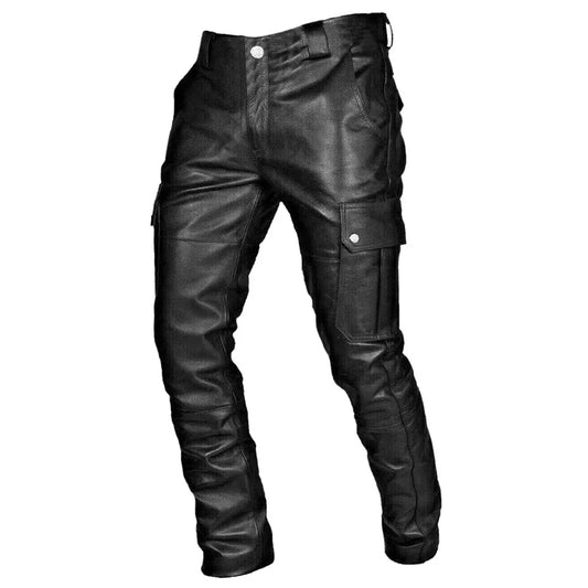 Men’s Biker Pants – Faux Leather – Tapered Fit – Cargo Pockets – Full Length
